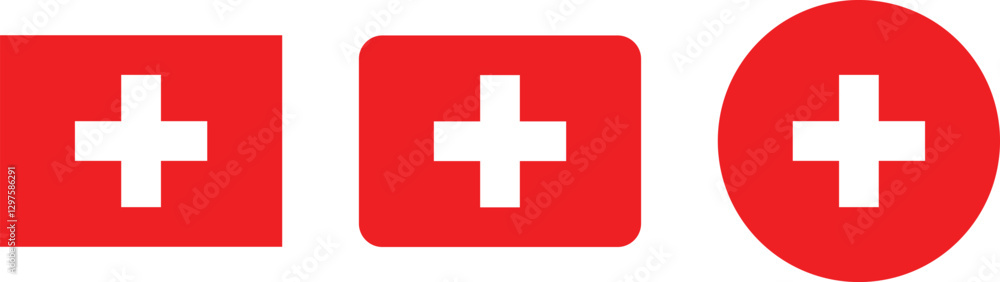 Three variations of the Swiss cross emblem on red backgrounds Three variations of the Swiss cross emblem on red backgrounds
