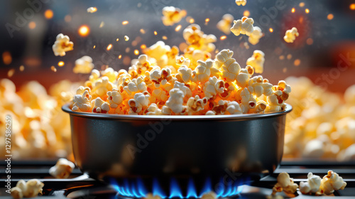 pot of popcorn pops energetically over blue flame on stove, with kernels flying in air, creating lively and dynamic scene