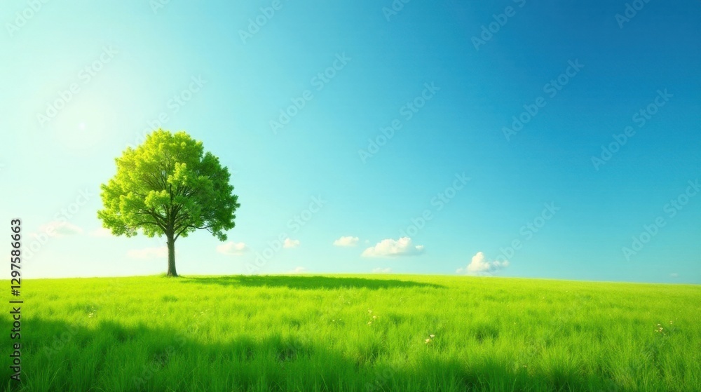 Obraz premium Serene landscape showcasing a single, vibrant green tree standing tall in a lush, grassy field under a clear, azure sky.