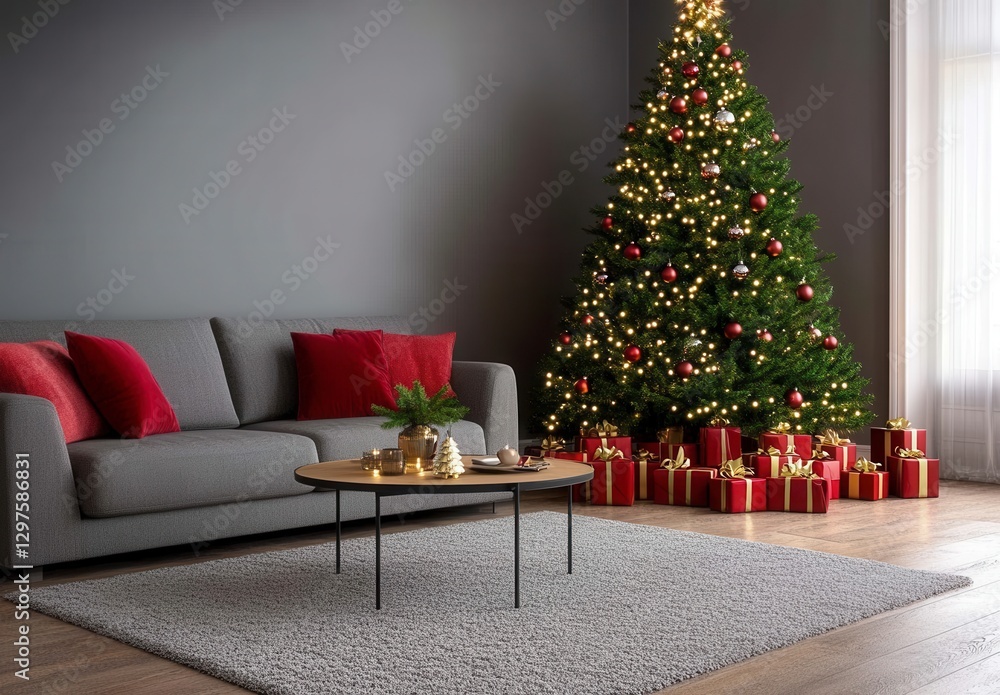 Gray sofa with red pillows sits near a lit Christmas tree and presents in a modern living room. A fluffy rug and coffee table complete the festive Gray sofa with red pillows sits near a lit Christmas tree and presents in a modern living room. A fluffy rug and coffee table complete the festive