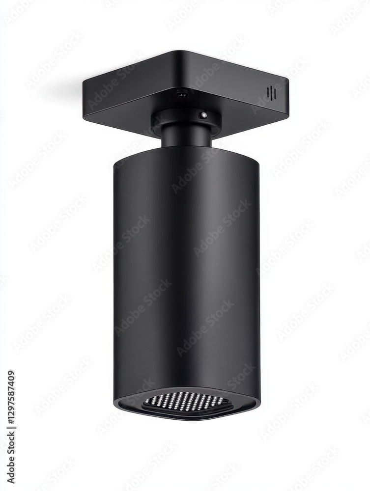 Black cylindrical ceiling light fixture with a square base, isolated on a white background. Modern design, minimalist style Black cylindrical ceiling light fixture with a square base, isolated on a white background. Modern design, minimalist style