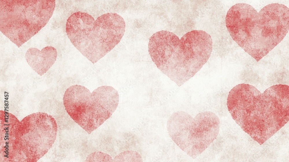 Fototapeta premium Red Watercolor Hearts Pattern on Textured Off White Background
