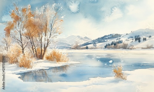 watercolor painting of a winter landscape with a frozen lake, frosted trees, and snow-covered hills in the distance, Generative AI