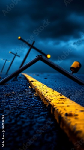 Roadside Darkness with Yellow Line and Leaning Posts Under a Stormy Sky at Nighttime Scene photo