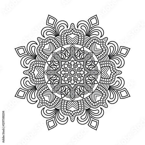 An intricate mandala illustration with floral and geometric patterns, rendered in black and white illustration. Ideal for coloring or decor.