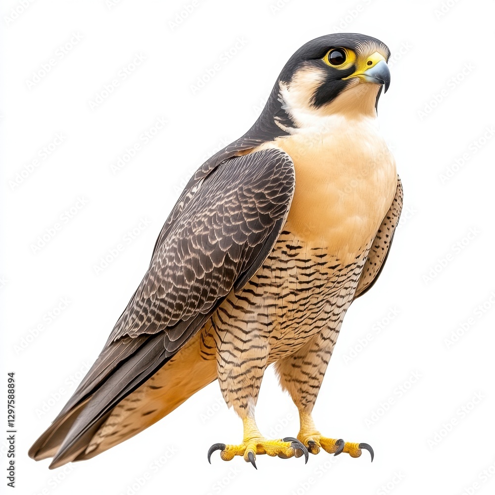 Majestic peregrine falcon with dark gray and brown plumage, light tan breast, and sharp talons, standing against a plain white background Majestic peregrine falcon with dark gray and brown plumage, light tan breast, and sharp talons, standing against a plain white background