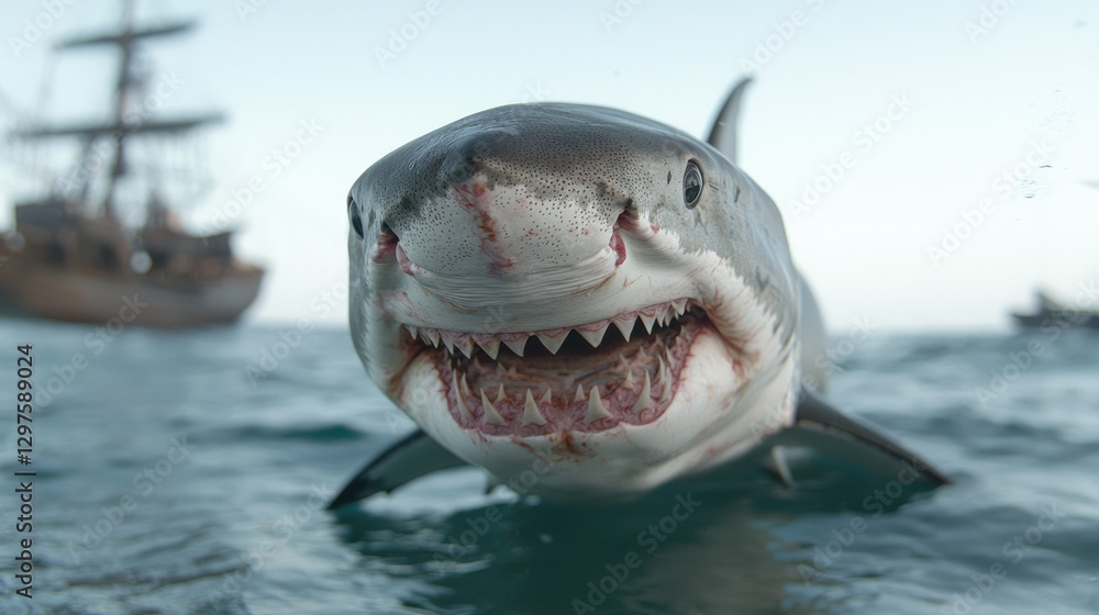 Fototapeta premium Great white shark surfacing, ship in background, ocean scene