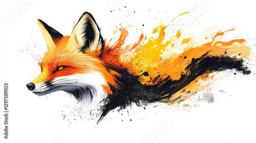 A vivid watercolor of a fox's head and neck, blending orange, black, and white fur into a stunning contrast. Its wild eyes add to its captivating allure photo