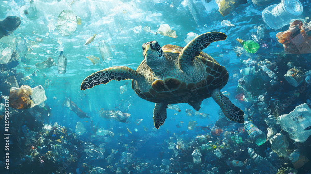 Fototapeta premium sea turtle swims through ocean water filled with plastic waste, highlighting environmental impact of pollution marine life. image captures urgent need for recycling and conservation efforts to
