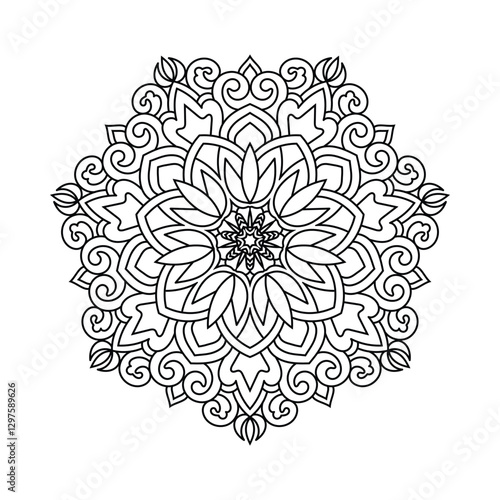 An intricate mandala illustration with floral and geometric patterns, rendered in black and white illustration. Ideal for coloring or decor.