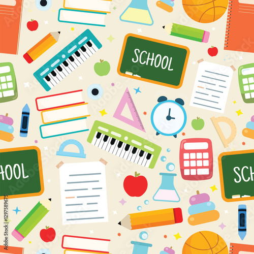 A seamless background pattern featuring school supplies and creative elements.
