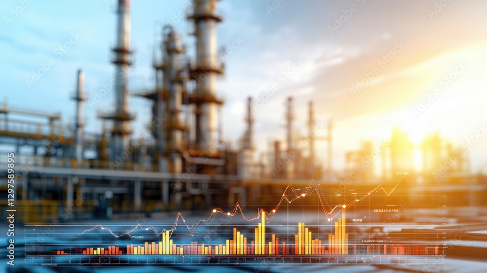 Obraz premium Industrial Oil Technology with Data Analysis Graphs in Oil Refinery Facility Under Sunset Sky