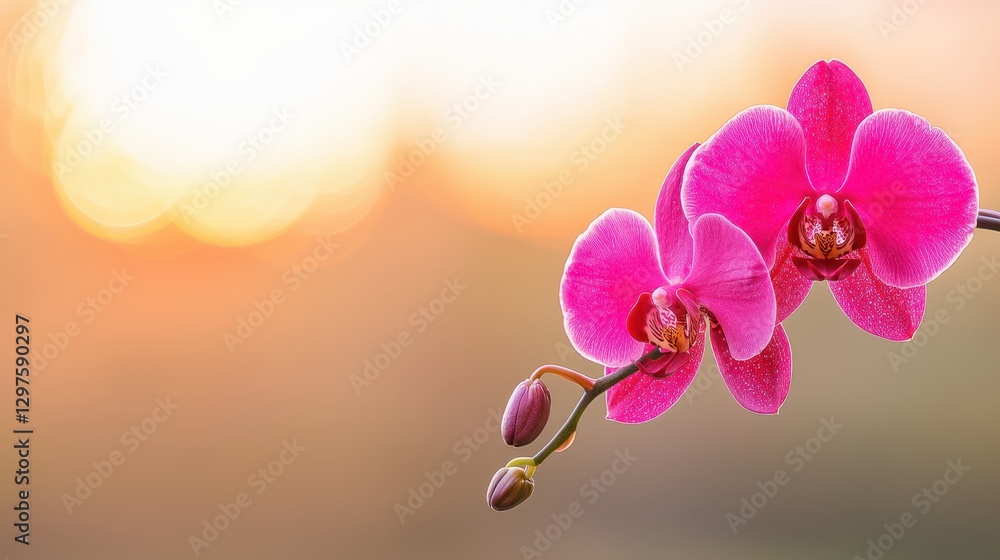 Fototapeta premium A vibrant pink orchid flower blooms against a soft, blurred background, illuminated by warm sunlight during golden hour.