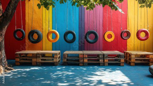 Colorful playground with recycled tire swings hanging from tree, vibrant wall background