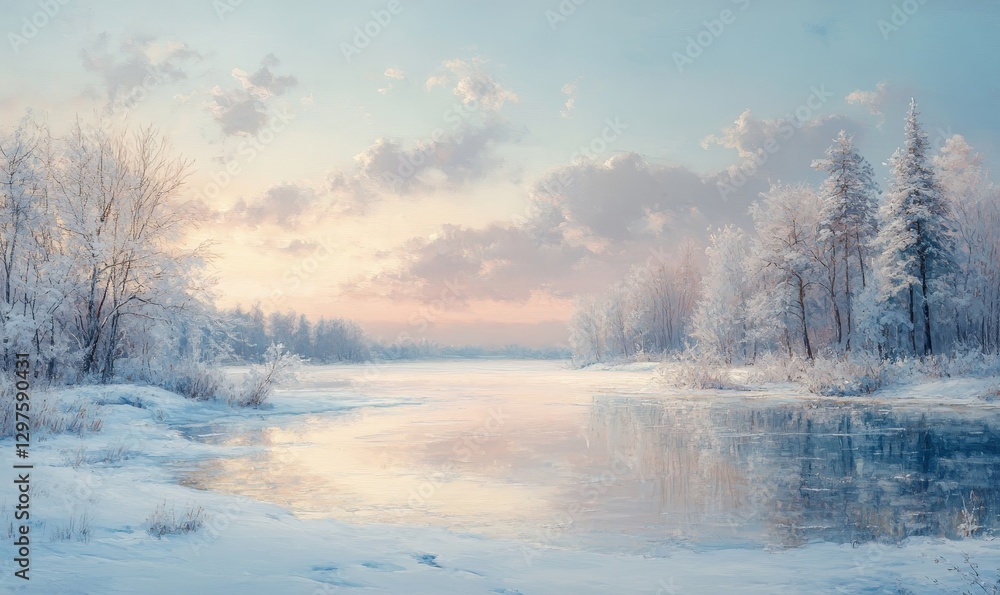 serene depiction of a frozen river winding through a snow-covered forest, with soft pastel tones in the sky, Generative AI serene depiction of a frozen river winding through a snow-covered forest, with soft pastel tones in the sky, Generative AI