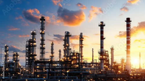 Wallpaper Mural Industrial Oil Refinery at Sunset with Towering Stacks, Pipes, and Illuminated Structures Under a Colorful Sky Torontodigital.ca