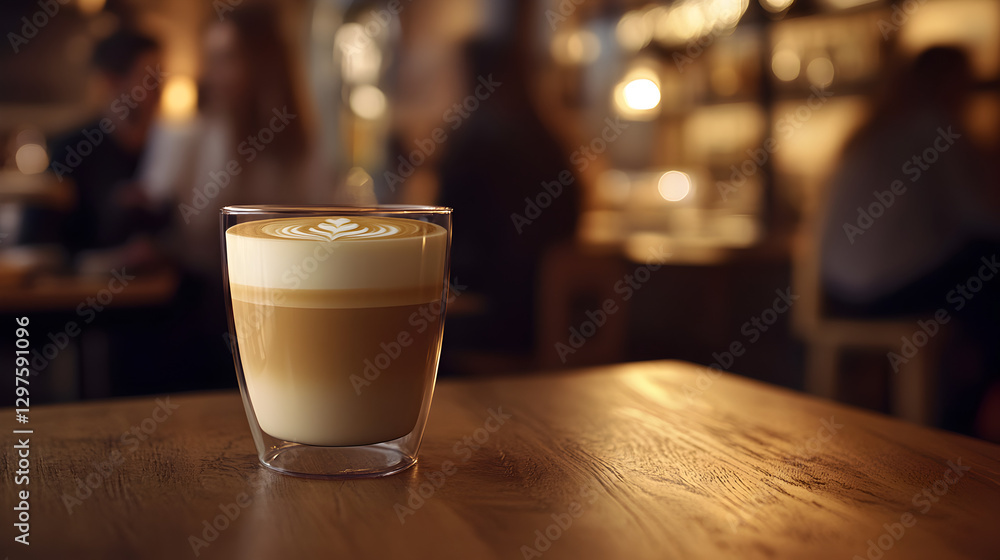 a freshly brewed cappuccino with latte art on a wooden table at a modern coffee shop, with a blurred background of people chatting a freshly brewed cappuccino with latte art on a wooden table at a modern coffee shop, with a blurred background of people chatting