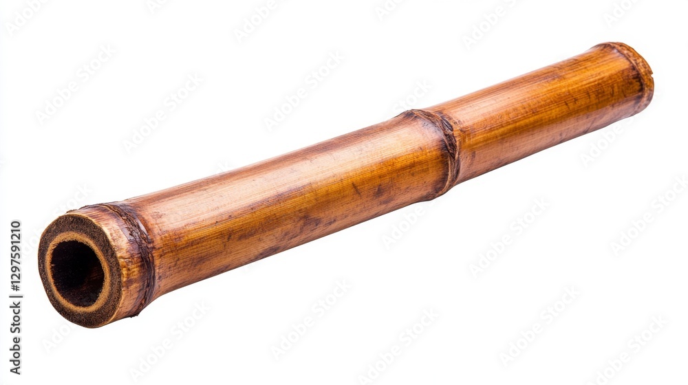 Close up view of a light brown bamboo tube isolated on a white background. The bamboo shows natural texture and variations in color Close up view of a light brown bamboo tube isolated on a white background. The bamboo shows natural texture and variations in color