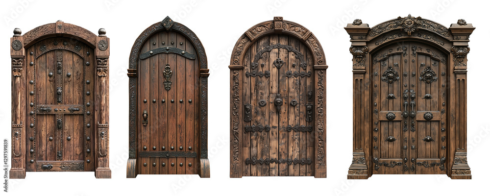 An ornate wooden door with intricate carvings and decorative columns. The design features classical architectural elements.