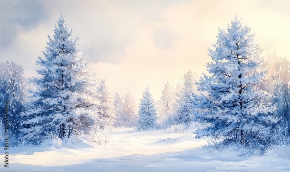 detailed watercolor painting of frosted pine trees in a snowy forest clearing, with soft pastel tones in the sky, Generative AI detailed watercolor painting of frosted pine trees in a snowy forest clearing, with soft pastel tones in the sky, Generative AI