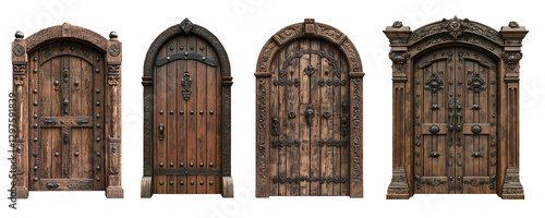 An ornate wooden door with intricate carvings and decorative columns. The design features classical architectural elements.