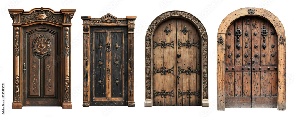 An ornate wooden door with intricate carvings and decorative columns. The design features classical architectural elements.