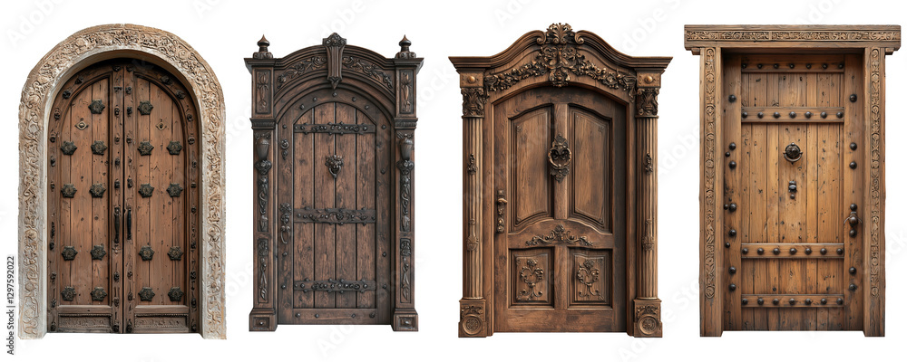An ornate wooden door with intricate carvings and decorative columns. The design features classical architectural elements.