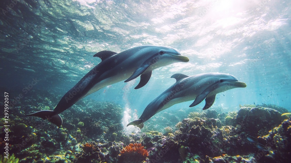 Obraz premium Graceful Dolphins Swimming in Vibrant Coral Reef