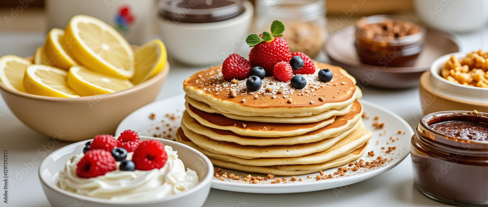 Fluffy pancakes topped with fresh berries and lemon slices on table Fluffy pancakes topped with fresh berries and lemon slices on table