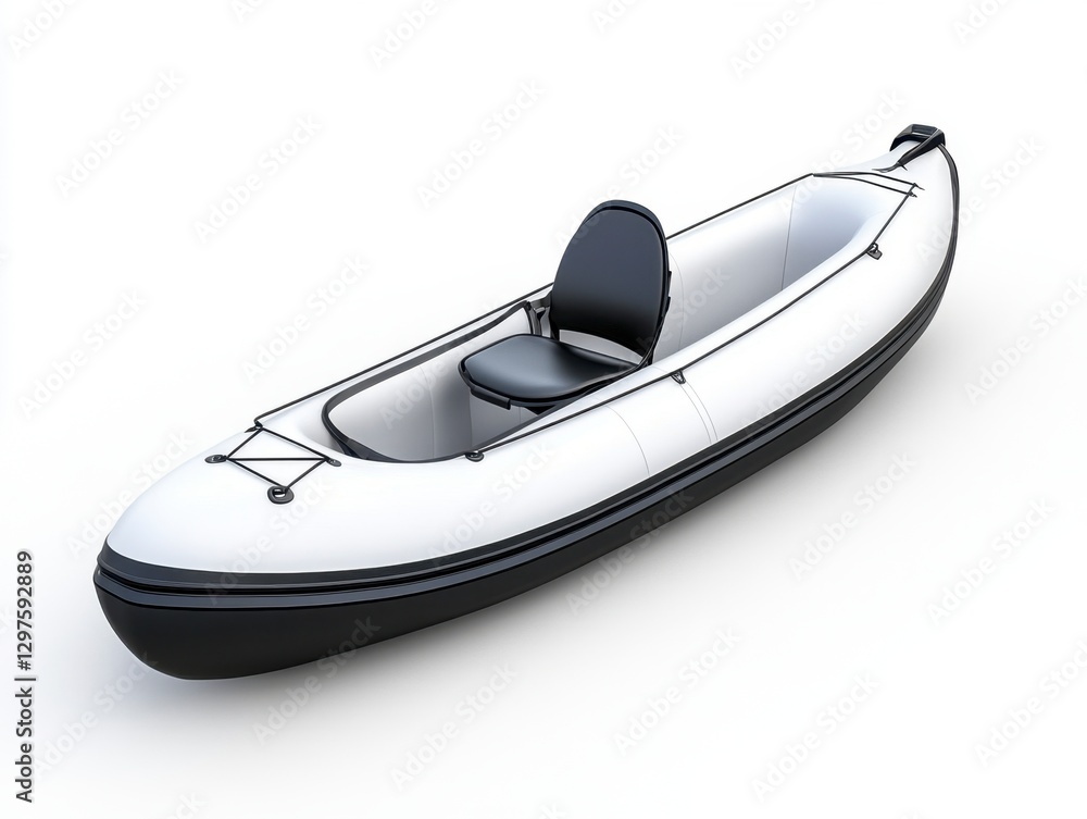 White and black inflatable kayak isolated on white background. The kayak features a black seat and is ready for water adventures. Studio shot White and black inflatable kayak isolated on white background. The kayak features a black seat and is ready for water adventures. Studio shot