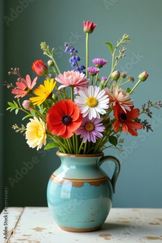 Wallpaper Mural A vibrant bouquet of multicolored wildflowers arranged in a rustic, teal ceramic vase, showcasing a delightful springtime floral display. Torontodigital.ca