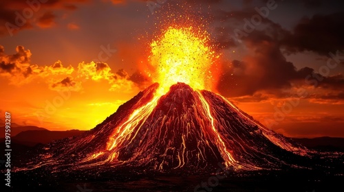 A dramatic volcanic eruption spews lava and ash against a vibrant sunset backdrop, showcasing nature's raw power and beauty.