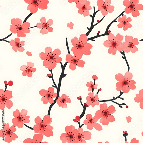 Elegant Japanese Cherry Blossom Floral Seamless Pattern with Minimalist Design