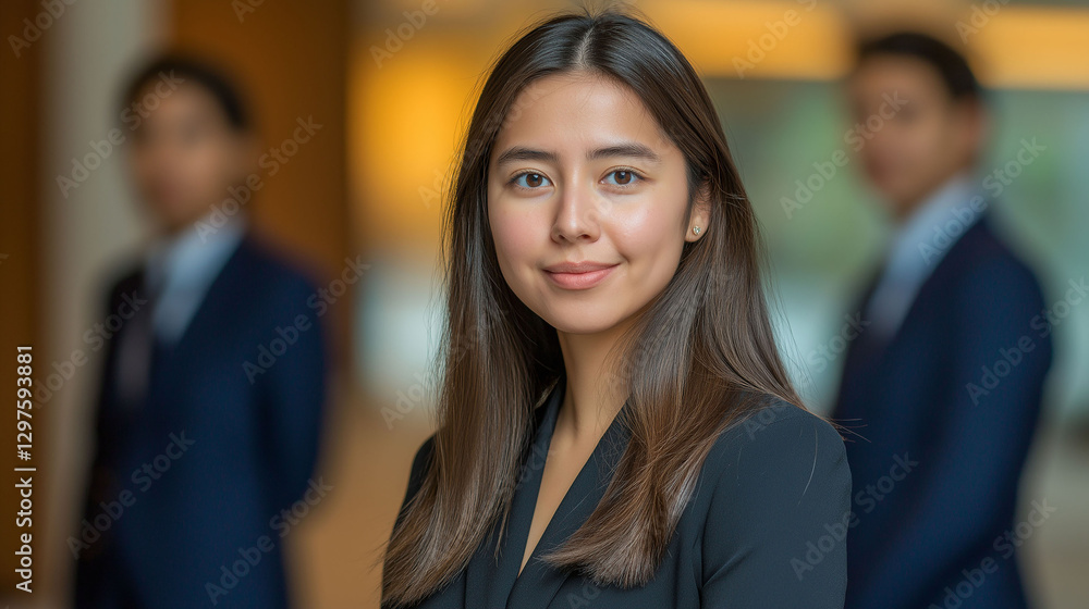 Smiling latin executive posing at workplace, with blurred colleagues in background Smiling latin executive posing at workplace, with blurred colleagues in background