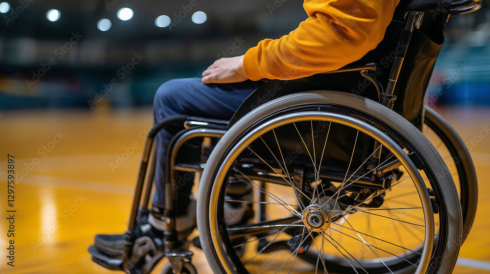 Unrecognizable person in wheelchair on basketball court Unrecognizable person in wheelchair on basketball court