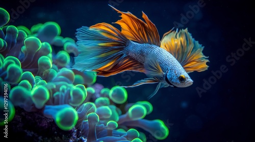 Stunning Betta Fish in Vibrant Coral Reef  Underwater Scene  Aquarium Life