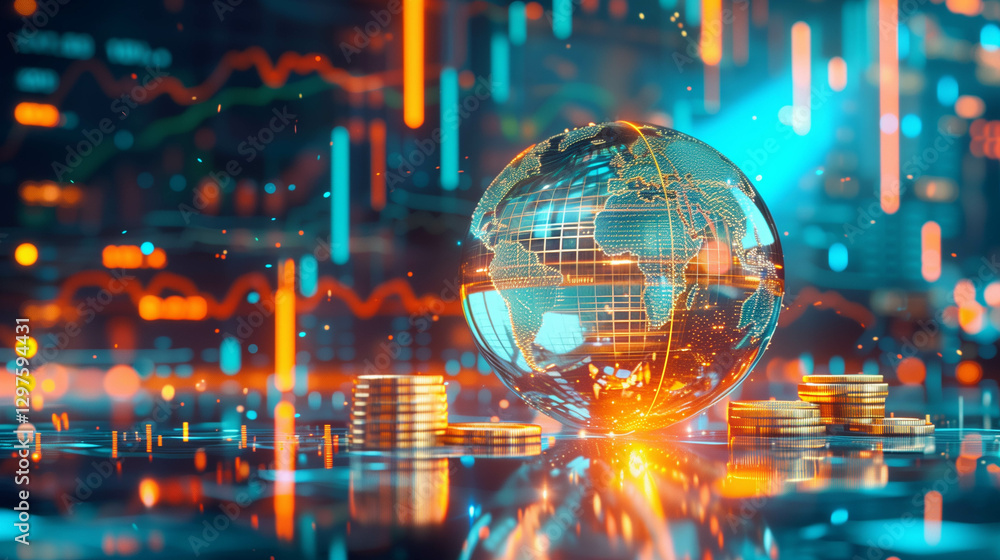 Transparent glass globe with stacked gold coins and futuristic stock market data Transparent glass globe with stacked gold coins and futuristic stock market data