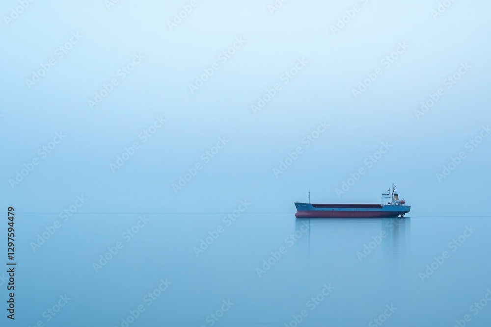 Single Cargo Ship On Calm Blue Water Under Hazy Sky Single Cargo Ship On Calm Blue Water Under Hazy Sky