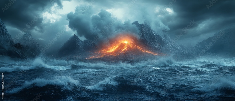 Fototapeta premium dramatic volcanic island surrounded by turbulent seas where adventurers trek toward a glowing crater, Generative AI
