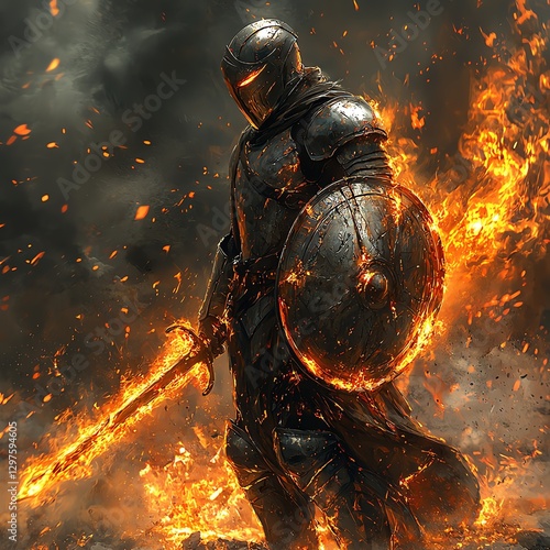 A dramatic fantasy scene featuring a knight in armor, wielding a flaming sword and shield