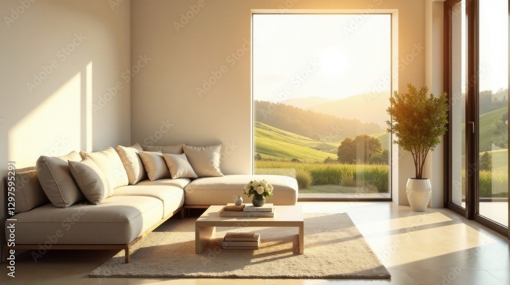 Fototapeta premium Serene living room with sectional sofa, sunlit landscape view, and minimalist decor