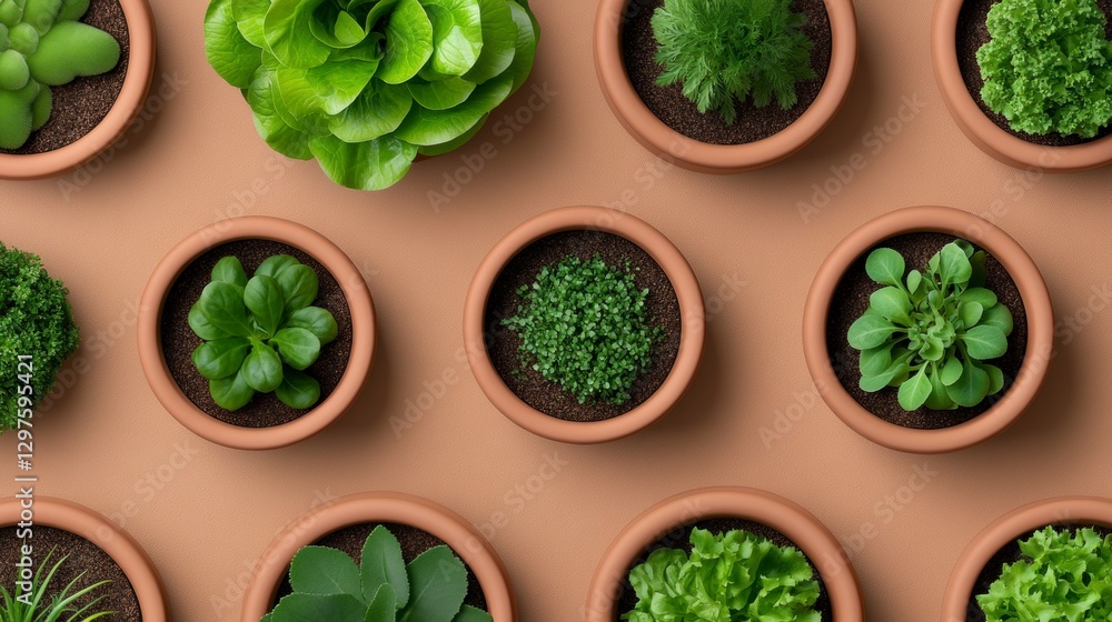 Overhead view of various green plants in terracotta pots arranged on a brown background. The image features a variety of leafy greens and herbs. Overhead view of various green plants in terracotta pots arranged on a brown background. The image features a variety of leafy greens and herbs.