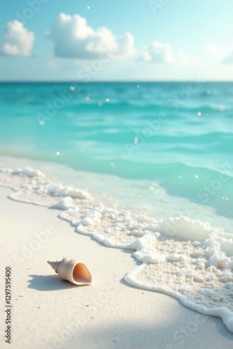 Seashell Solitude A Gentle Wave's Embrace on a Pristine Sandy Shore Under a Serene Sky