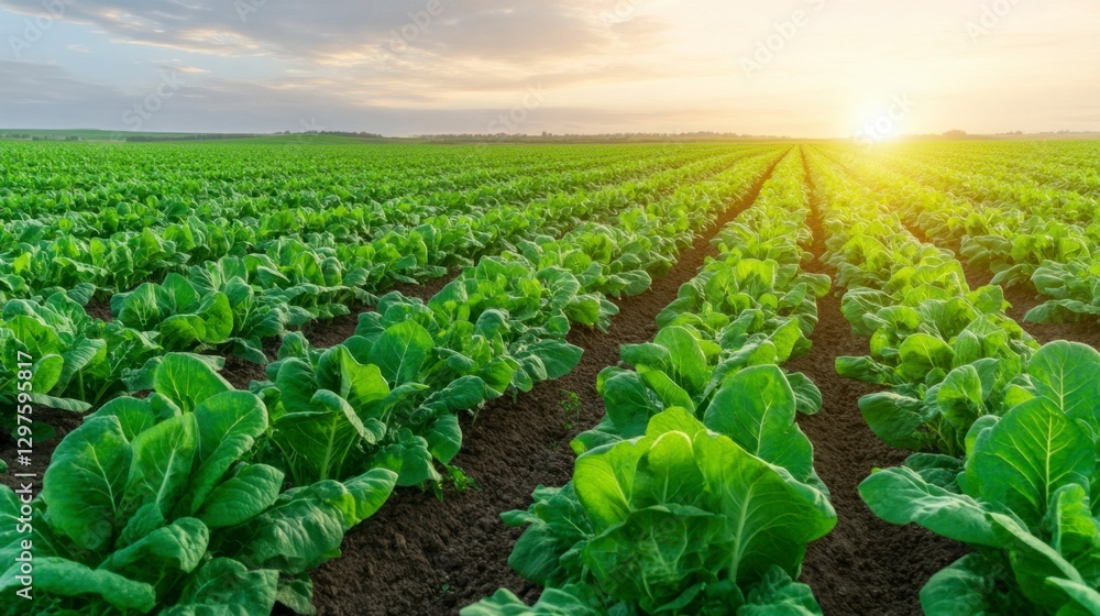 Vibrant green lettuce field at sunset, sun rays illuminating lush foliage. Rows of plants extend to a warm horizon. Dark soil contrasts with bright Vibrant green lettuce field at sunset, sun rays illuminating lush foliage. Rows of plants extend to a warm horizon. Dark soil contrasts with bright