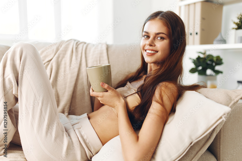Cozy Morning: Smiling Woman Holding a Mug of Coffee, Wrapped in a Warm Blanket, Sitting on a Sofa in a Modern Room Cozy Morning: Smiling Woman Holding a Mug of Coffee, Wrapped in a Warm Blanket, Sitting on a Sofa in a Modern Room