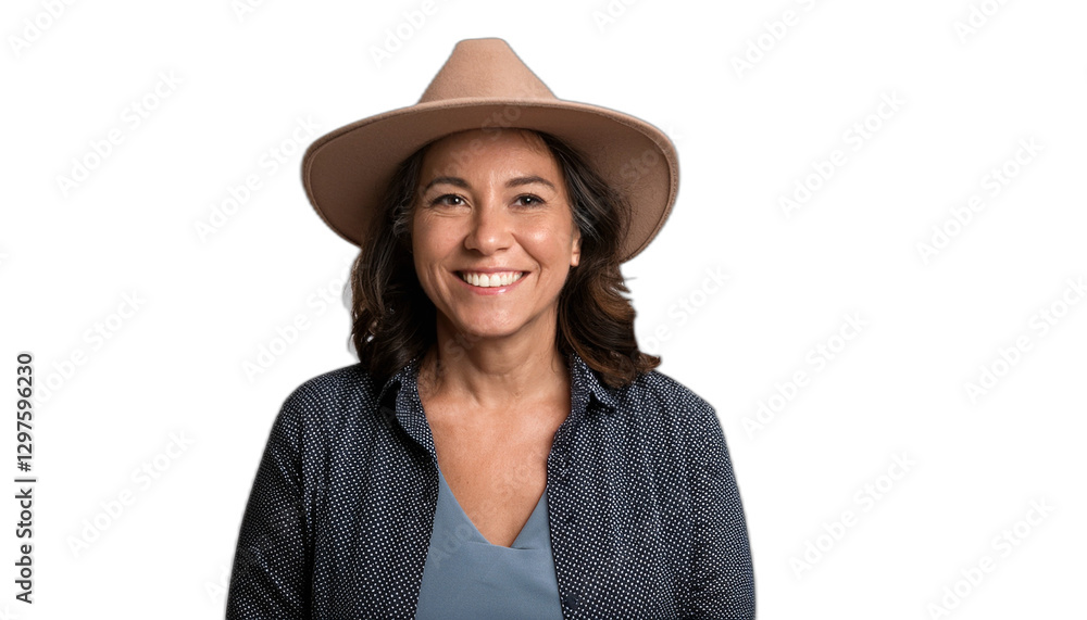 Portrait of a smiling Brazilian latino mature woman wearing a hat Portrait of a smiling Brazilian latino mature woman wearing a hat