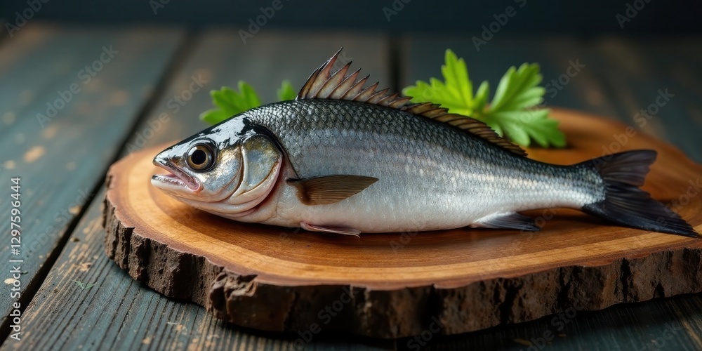 Freshwater fish on rustic wooden board with garnish Freshwater fish on rustic wooden board with garnish