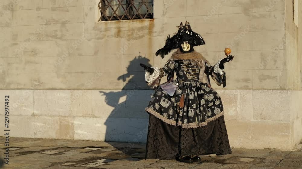 Venice, Italy - People dressed in carnival masks are photographed by tourists in the scenery of the ancient Venetian palaces Venice, Italy - People dressed in carnival masks are photographed by tourists in the scenery of the ancient Venetian palaces