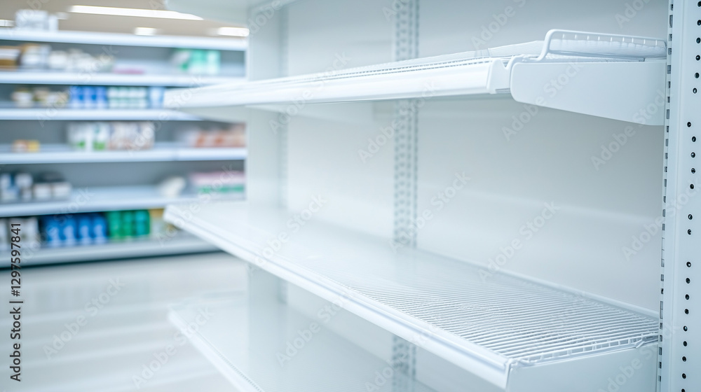 Empty shelves in the Store: A close-up view of empty shelves in a retail setting, offering a stark visual of scarcity and reflecting broader economic concerns. Empty shelves in the Store: A close-up view of empty shelves in a retail setting, offering a stark visual of scarcity and reflecting broader economic concerns.