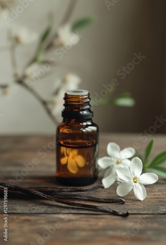 Wallpaper Mural Amber glass bottle with essential oil, fresh white flowers, and vanilla pods on rustic wooden table with soft natural light Torontodigital.ca